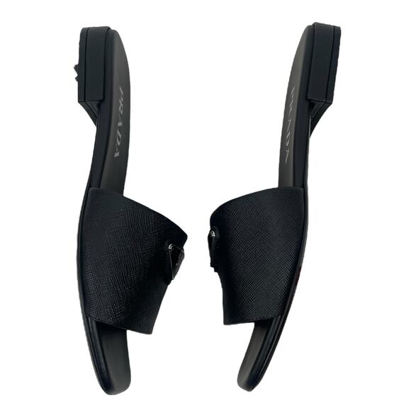 Prada Saffiano Triangle Logo Plaque Slide Flat Sandal Black Size 36.5 - Picture 7 of 11